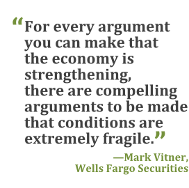 "For every argument you can make that the economy is strengthening, there are compelling arguments to be made that conditions are extremely fragile." --Mark Vitner, Wells Fargo Securities