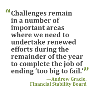 "Challenges remain in a number of important areas where we need to undertake renewed efforts during the remainder of the year to complete the job of ending 'too big to fail.'" --Andrew Gracie, Financial Stability Board