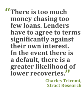 "There is too much money chasing too few loans. Lenders have to agree to terms significantly against their own interest. In the event there is a default, there is a greater likelihood of lower recoveries." --Charles Tricomi, Xtract Research