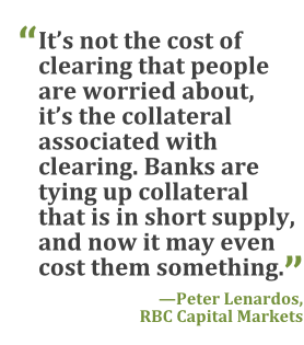 "It's not the cost of clearing that people are worried about, it's the collateral associated with clearing. Banks are tying up collateral that is in short supply, and now it may even cost them something." --Peter Lenardos, RBC Capital Markets