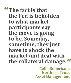 "The fact is that the Fed is beholden to what market participants say the move is going to be. Someday, sometime, they just have to shock the market and deal with the collateral damage." --Colin Robertson, Northern Trust Asset Management
