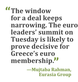 "The window for a deal keeps narrowing. The euro leaders' summit on Tuesday is likely to prove decisive for Greece's euro membership."