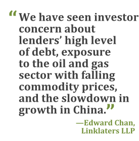 "We have seen investor concern about lenders' high level of debt, exposure to the oil and gas sector with falling commodity prices, and the slowdown in growth in China." --Edward Chan, Linklaters LLP