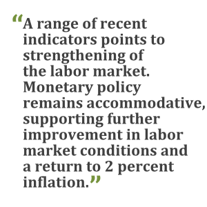 "A range of recent indicators points to strengthening of the labor market. Monetary policy remains accommodative, supporting further improvement in labor market conditions and a return to 2 percent inflation."